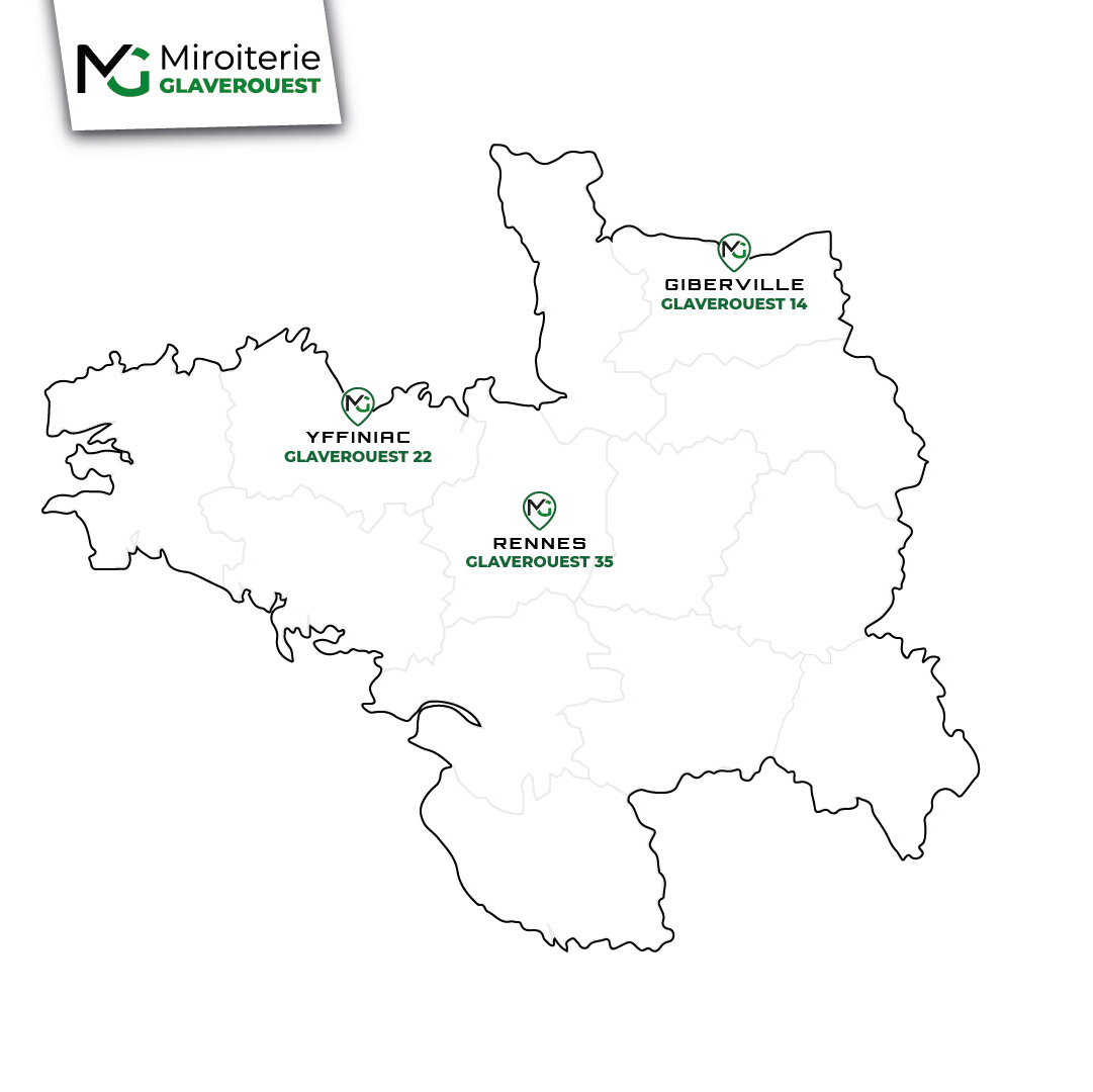 Carte de l'ouest de la france représentant les trois miroiterie Glaverouest